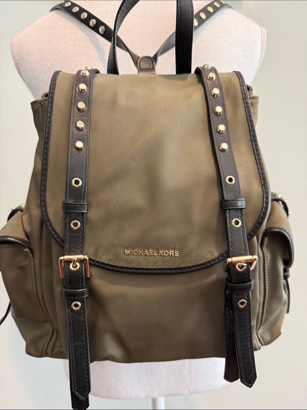Michael Kors Olive and Black Studded Backpack with Gold Hardware